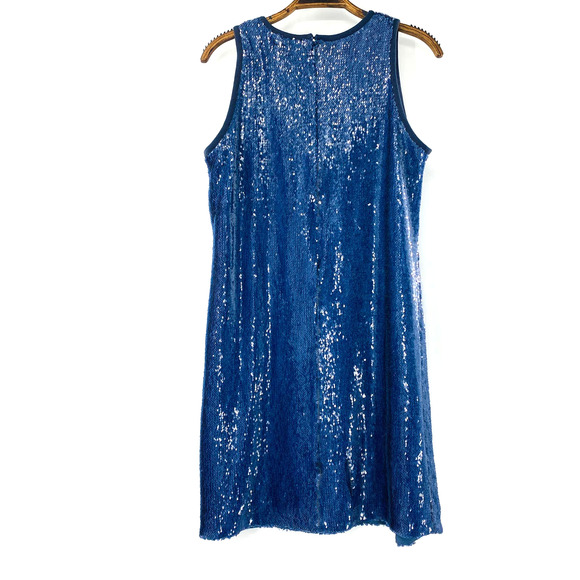 Carmen Marc Valvo Denim Blue Sequin Sleeveless Shift Dress Size 6 Small - Picture 3 of 14